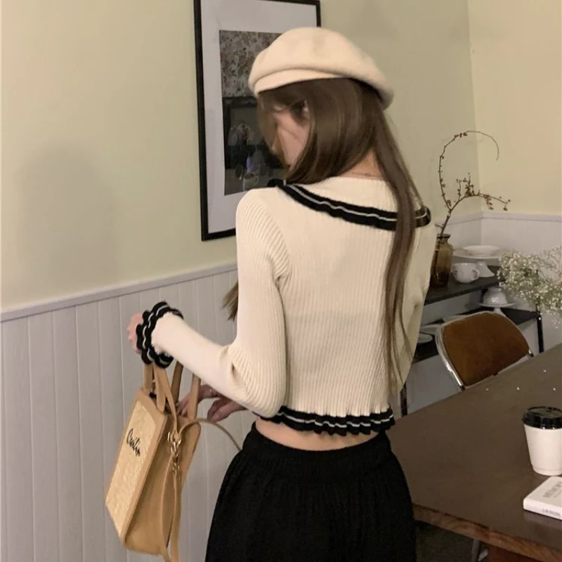 Preppy Style Knit Pullovers Women New Spring Cropped Design Chic Girls Sweater Streetwear Slim Sweet Ruched Retro French Trendy