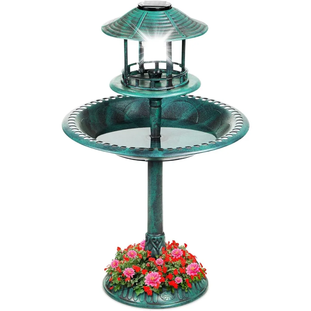 

Solar Outdoor Bird Bath Vintage Resin Pedestal Fountain Decoration for Yard, Garden w/Planter Base, Feeder, Decorative Bird Cag