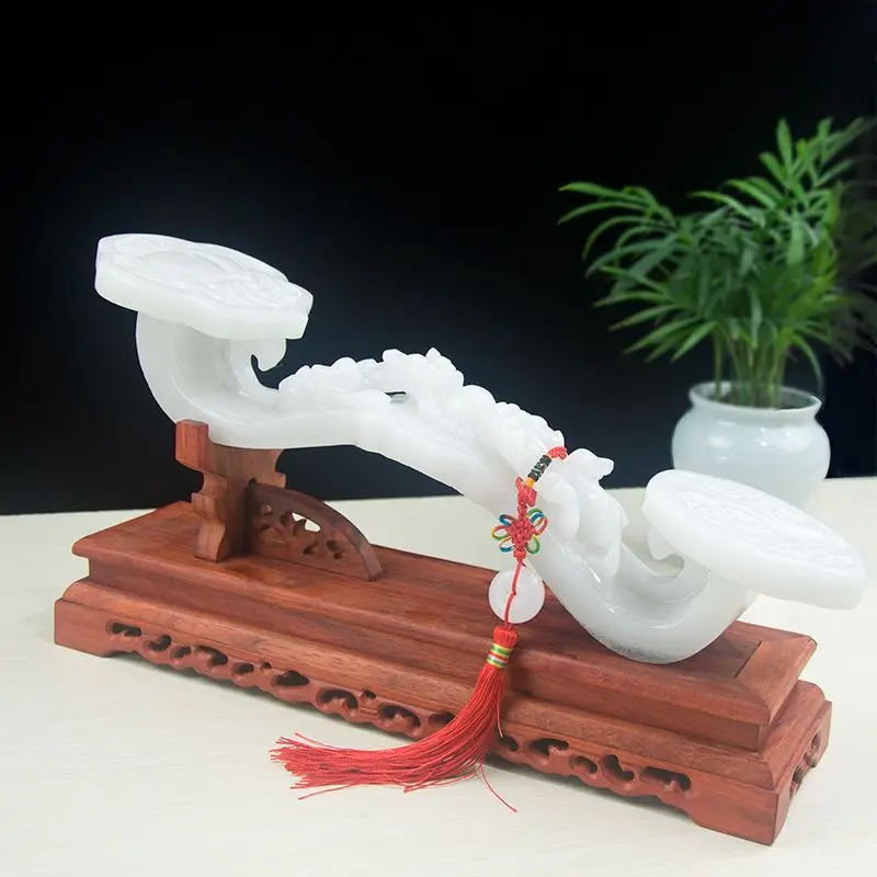 Natural Jade Ruyi Feng Shui Ornament, Living Room Wine Cabinet Entryway Shop Housewarming Gift New Home Wealth Chinese Decor