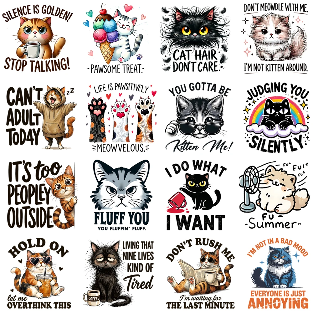 25cm Fashion Cat's Sarcastic Remarks Iron On Heat Transfer Sticker DTF Iron On Transfer Patches For Clothes T-shirt Appliques