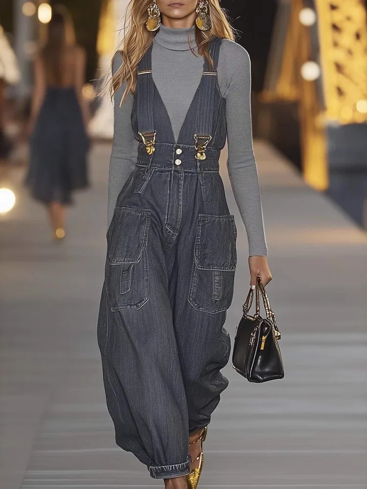 Однотонные женские комбинезоны на осень-зиму без рукавов, одинарные джинсовые свободные модные уличные комбинезоны, джинсы, брюки 2025