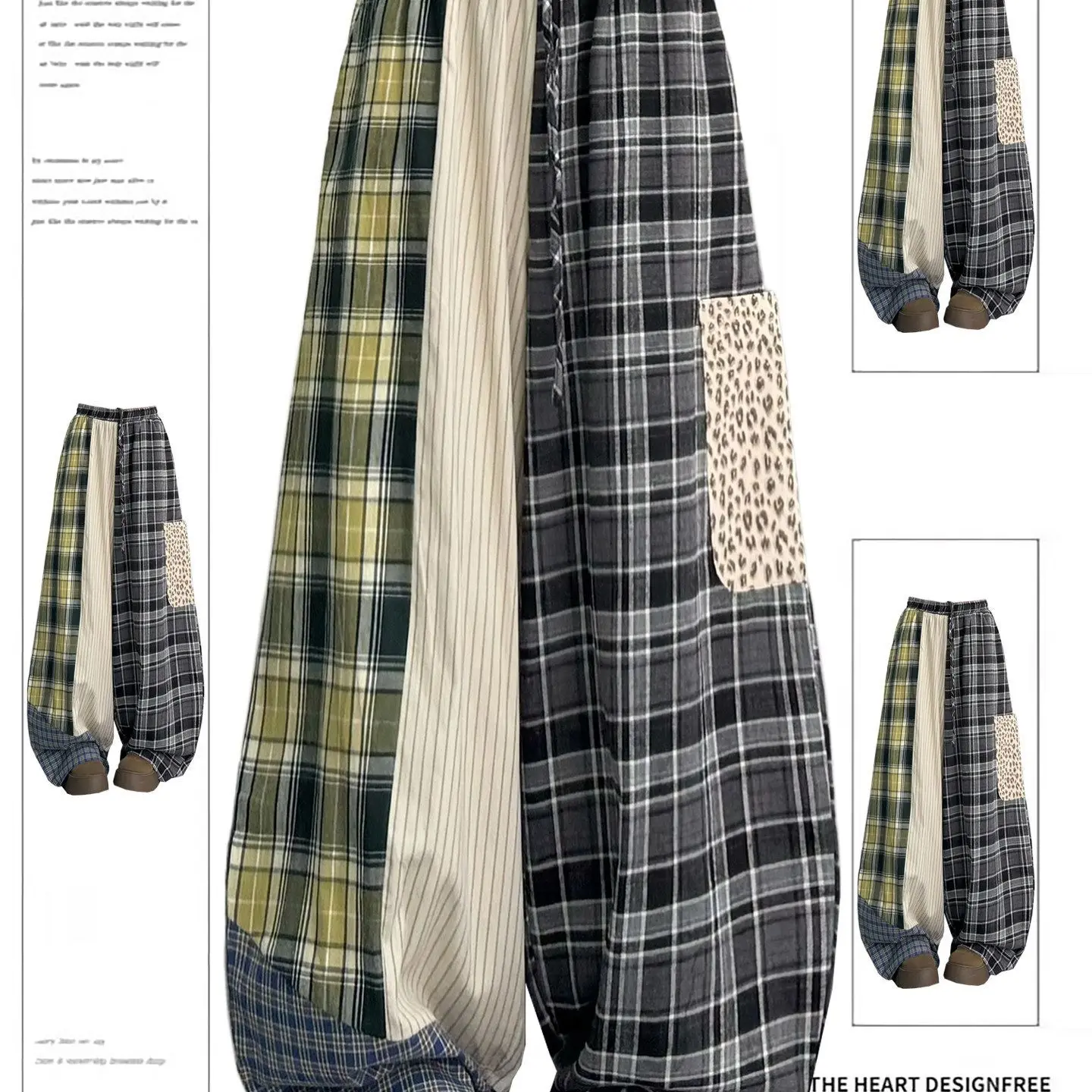 Y2K Women Patchwork Plaid Baggy Trousers Elastic Drawstring Waist Leopard Pocket Design Loose Wide Leg Casual Streetwear Long Pa