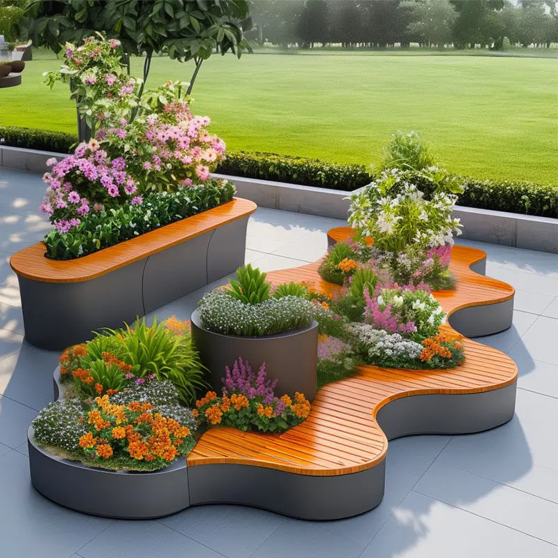 Outdoor stainless steel seat flower box shopping mall flower pool outdoor seat combination flower bed wrought iron planting slot