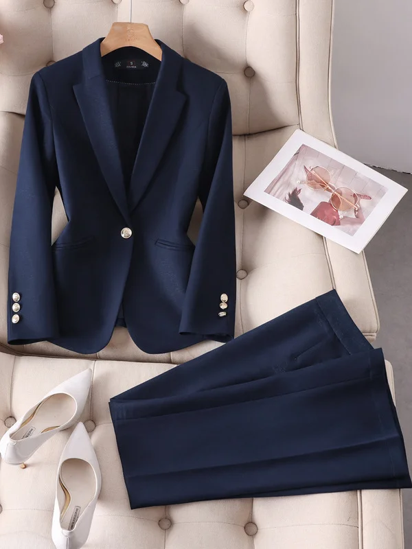 Elegant Fitted Business Suit Set for Women Commute Interview Professional Workwear Polyester Fiber Long Sleeve Color