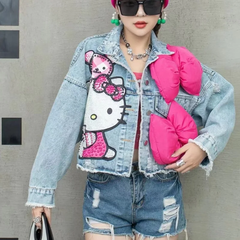 Miniso Hello Kitty Cartoon Denim Jacket Women Spring Autumn Sanrio Anime Loose Design And Slimming Fur Edge Jacket Coat