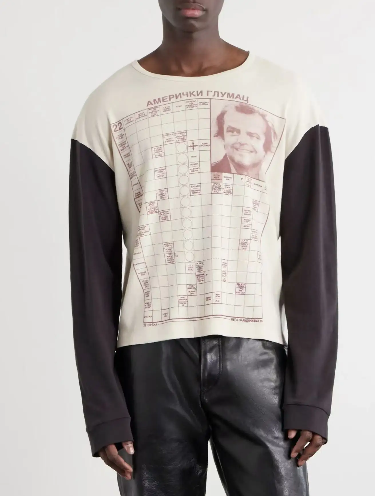 Men Women Patchwork Long Sleeve T-shirt Vintage Retro Figure Portrait Grid Print Oversized Tee Washed Gothic Streetwear Unisex T