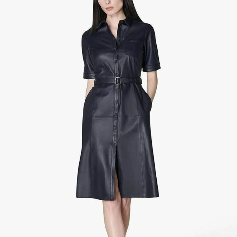 

Hot Women Leather Dress Black Leather Club Wear Belted Shirt Leather Dress High Quality Dress