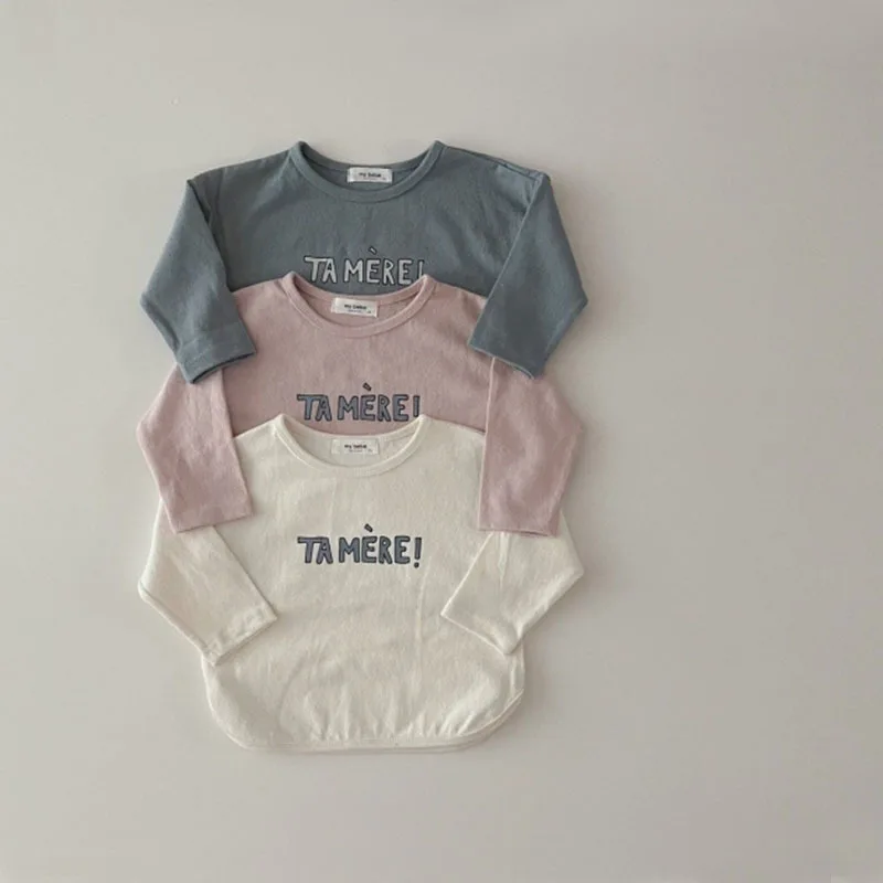 

Baby Clothing 2024 Korean Style Simple Koreann Style Casual T-shirt Spring and Autumn Letters Round Neck Cotton Base Shirt