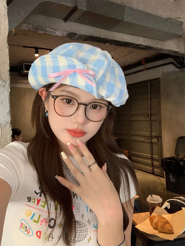 Adorable  Knot Plaid Cloud Beret Hat Women Summer Thin Breathable Octagonal Hat Small Audience Large Head Size Paint...