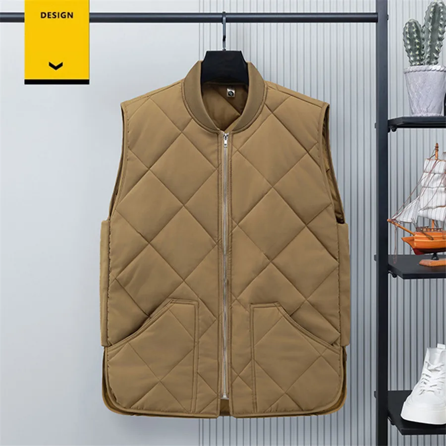 2025 Men's Autumn Winter Warm Vest Casual Sleeveless Jacket Cotton Padded Waistcoat Cargo Workwear Rhomboid Coat Streetwear