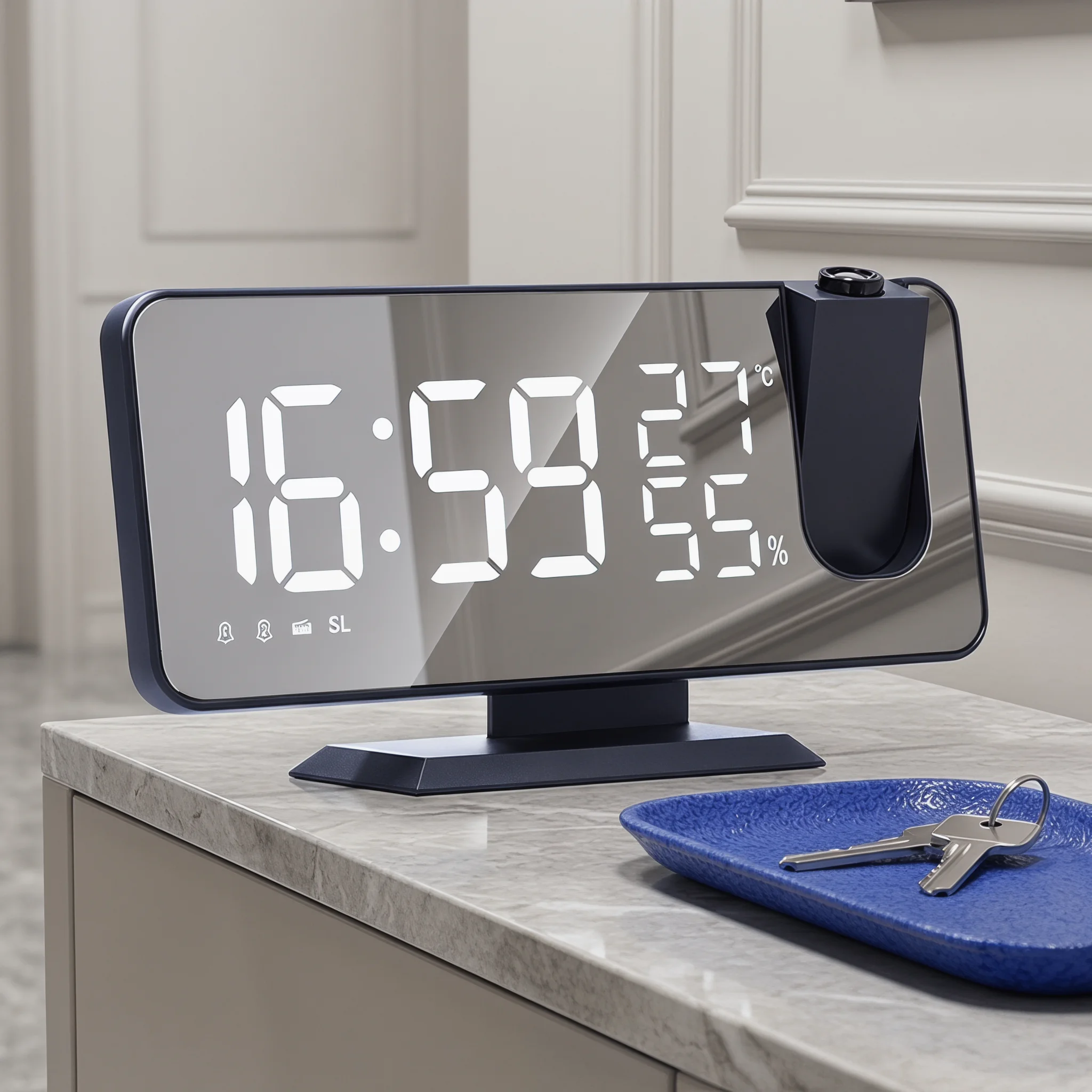 Digital Clock Thermometer Hygrometer Clock Projector Radio Temperature Humidity Meter, Black Background, White Font