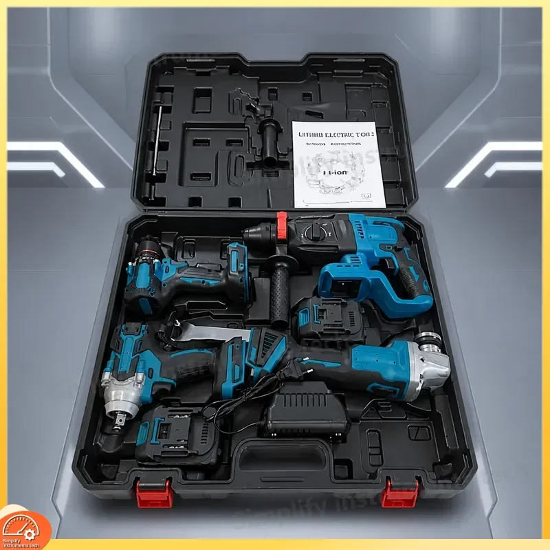 24V Cordless Hammer Drill Brushless Impact Driver Angle Grinder Combo Kit High Power Rotary Hammer Drill Set for