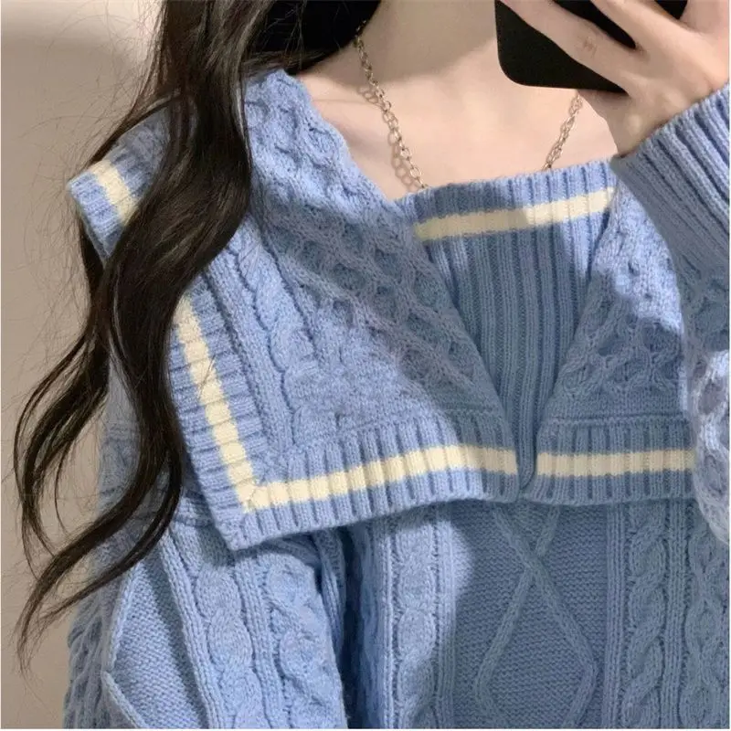 Deeptown Vintage Sailor Collar Women Sweater Preppy Basic Korean Fashion Autumn Knit Pullover Loose Jumper Japanese Aesthetic Jk