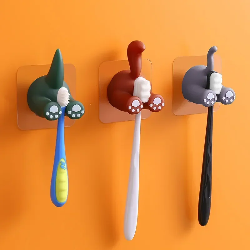 Cartoon Animal Tail Toothbrush Holder Punch-Free Wall Hook Cute Self-adhesive Bathroom Towel Hook Children Toothbrush Holder