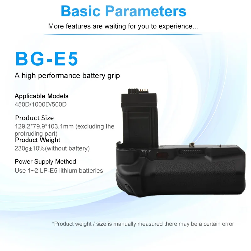 

Вертикальный батарейный блок (грип) BG-E5 для цифровых камер Canon EOS Rebel XSi, XS, T1i, 450D, 500D, 1000D с пультом дистанционного управления