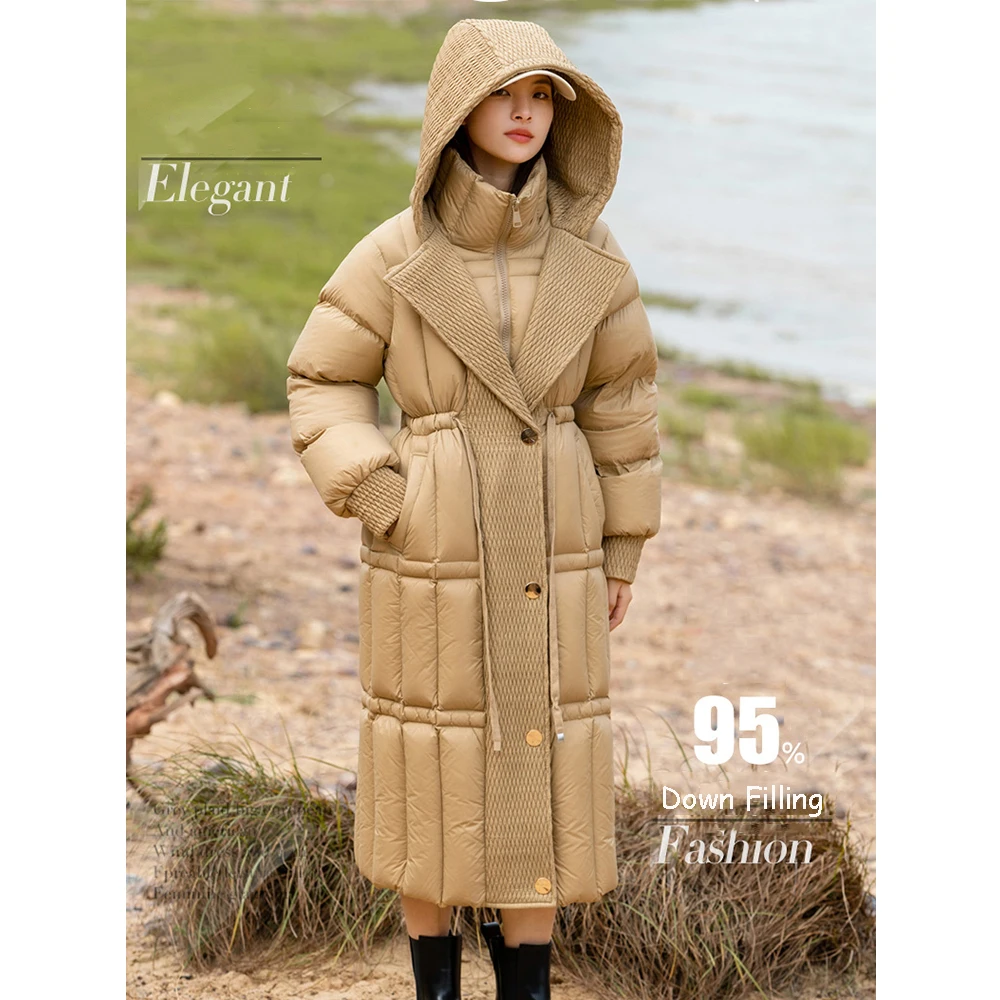 Abrigo de plumón largo con capucha para mujer, chaqueta gruesa y cálida con estampado a cuadros, suave e impermeable, ropa de invierno