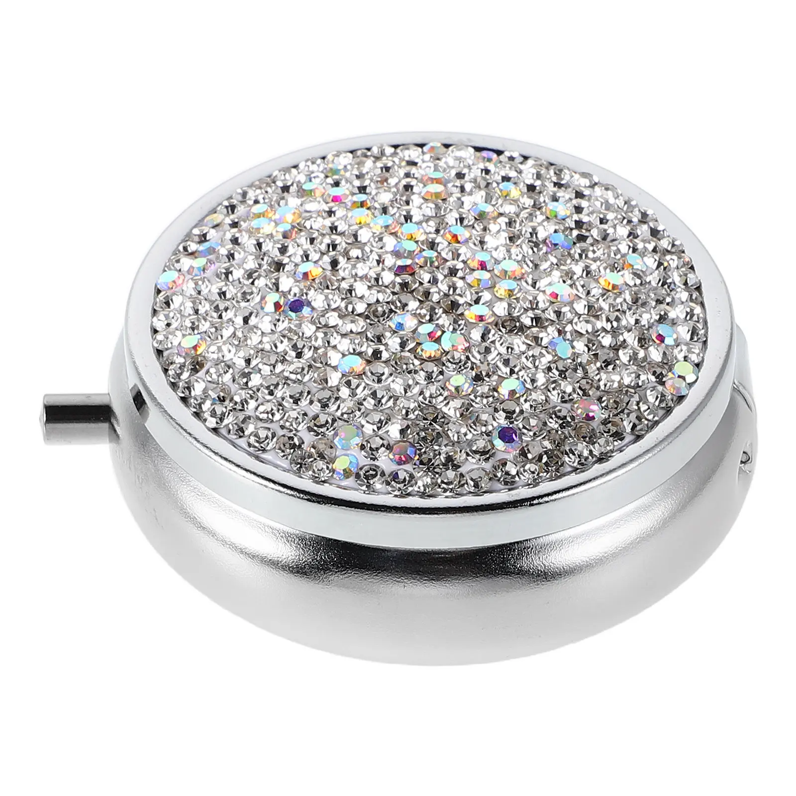 

Mini Portable Rhinestone Pill Organizer Compact Metal Medicine Box Travel Pill Case for Women Daily Use Jewelry Storage