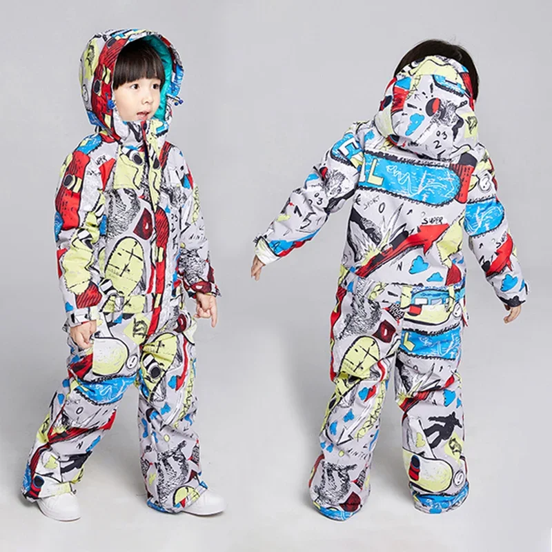 Combinaisons de ski une pièce pour enfants, salopette à capuche pour garçon, combinaisons imperméables pour enfants, ensemble de neige pour bébé sourire, vêtements de dessin animé, chaud, hiver, 2025