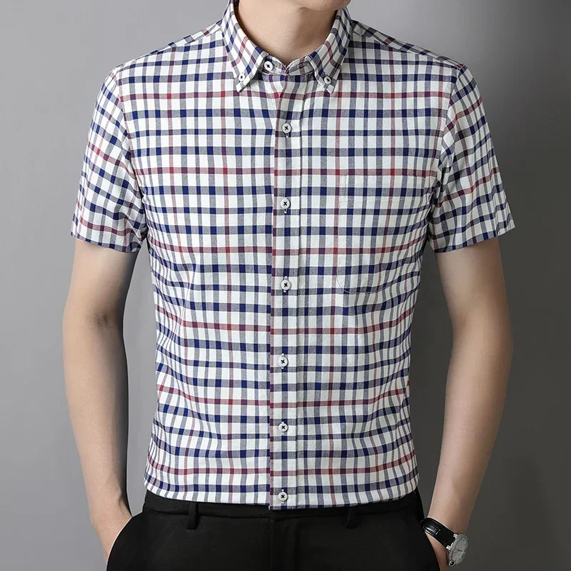 

Fasion 100%cotton Short sleeve shirt s for men summer Casual slim fit formal top plaid single pocket clothes items