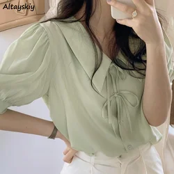 Shirts Women French Style Retro Sweet Bandage Girlish Fashion Peter Pan Collar Lovely Office All-match Cropped Korean Version