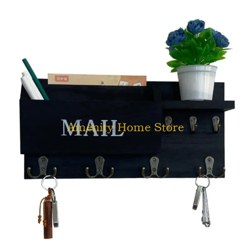 F26C Natural Wood Wall Mount Mail And Key Organizer With Storage Compartments For Home Offices Letter Sorter