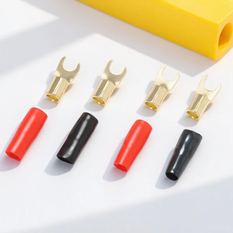 

5Pairs 8Ga Gold Plated Copper Crimp Spade Fork Terminals for Speaker Wire Connections Crimp Connectors
