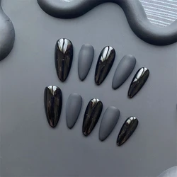 Handmade Almond Black Press on Nails Full Cover Acrylic Fake Nails Medium Matte Dark Manicure Nail Tips Wearable Reusable Woman