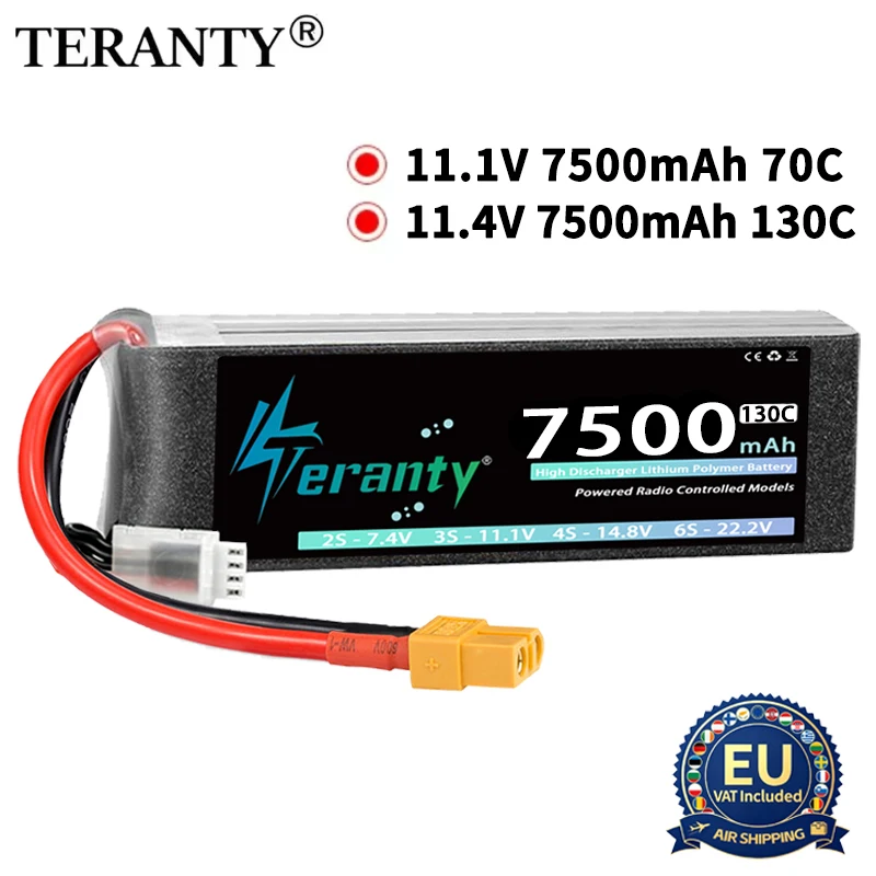 Teranty 3S 7500mAh 11.1V 11.4V Lipo Battery 70C 130C with T XT60 XT90 EC5 for For RC Car Truck Buggy Racing Boat Drone Airplane