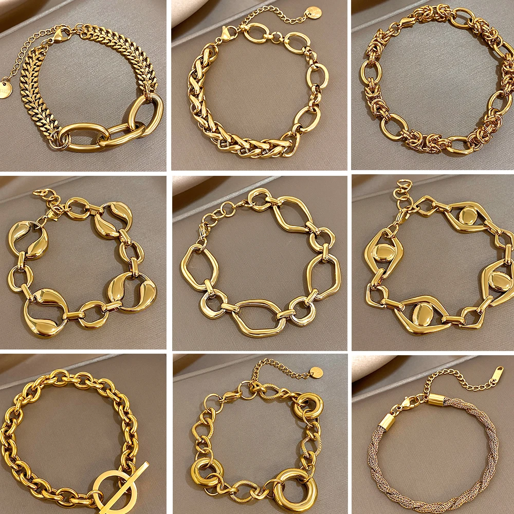 Flashbuy Stainless Steel Gold Color Geometric Thick Chain Bracelet Statement New Design Wrist Fashion Jewelry﻿ Gift