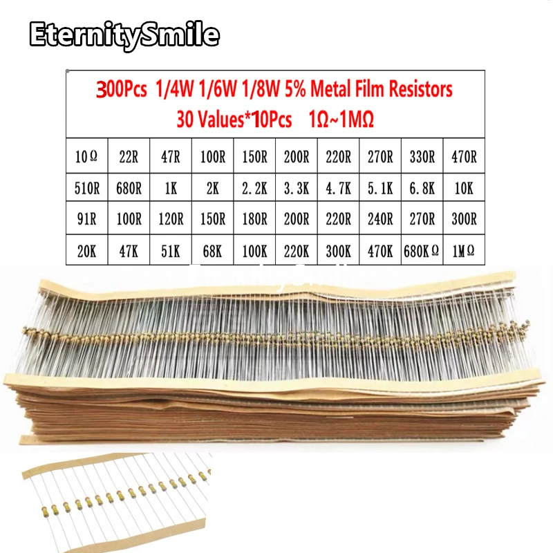 

300Pcs/Pack 30 Values 1/4W 1/6W 1/8W 5% Metal Film Resistors Kit 10Ohm-680OR-1k-680k-1M High Precision Resistance Set Assortment