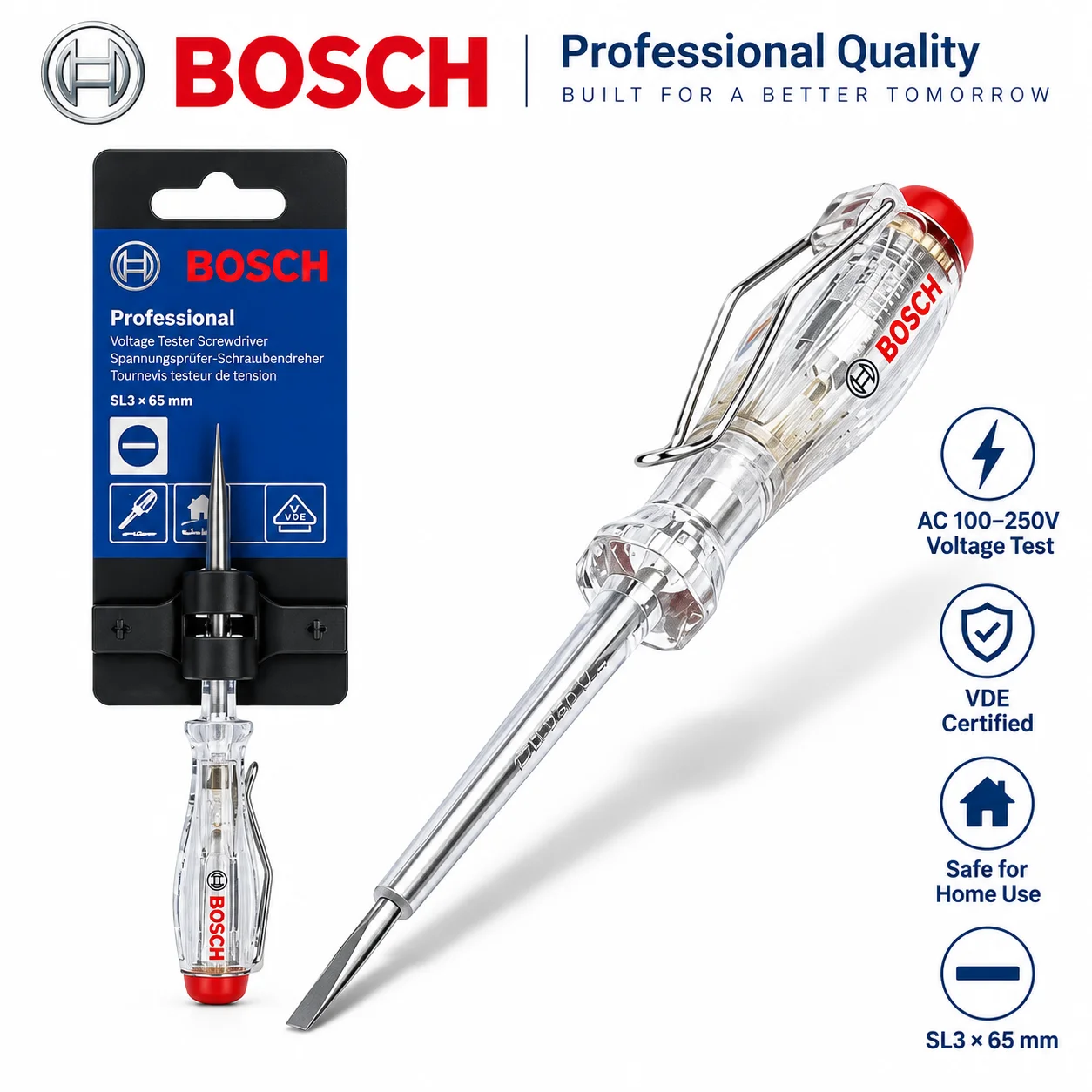 BOSCH VDE Voltage Tester Screwdriver AC 100-250V Electrical Tester Pen Slotted Screwdriver Circuit Tester Electrician Hand Tool