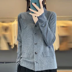 Cardigan Triblockchain en Cachemire pour Femme, Col en V, Couleur Unie, Décontracté, à la Mode, Nouvelle Collection 2024