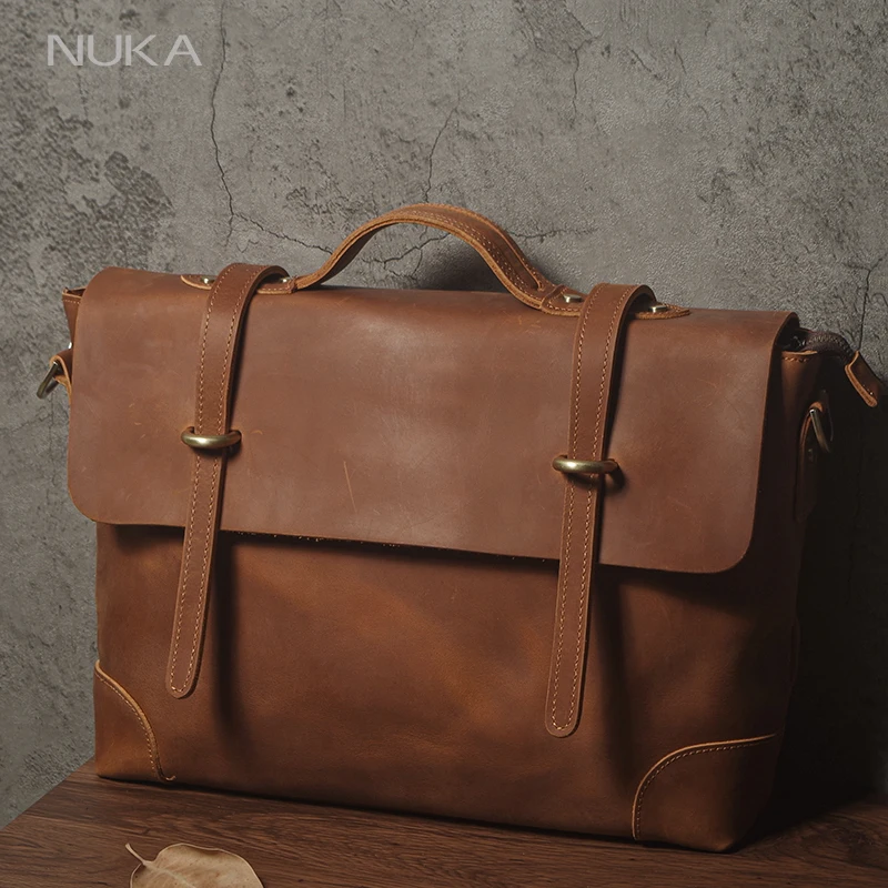 

NUKA Men's Leather Handbag Vintage Business Briefcase Crazy Horse Cowhide Messenger Bag Deluxe Shoulder Bag For 15.6 Inch Laptop