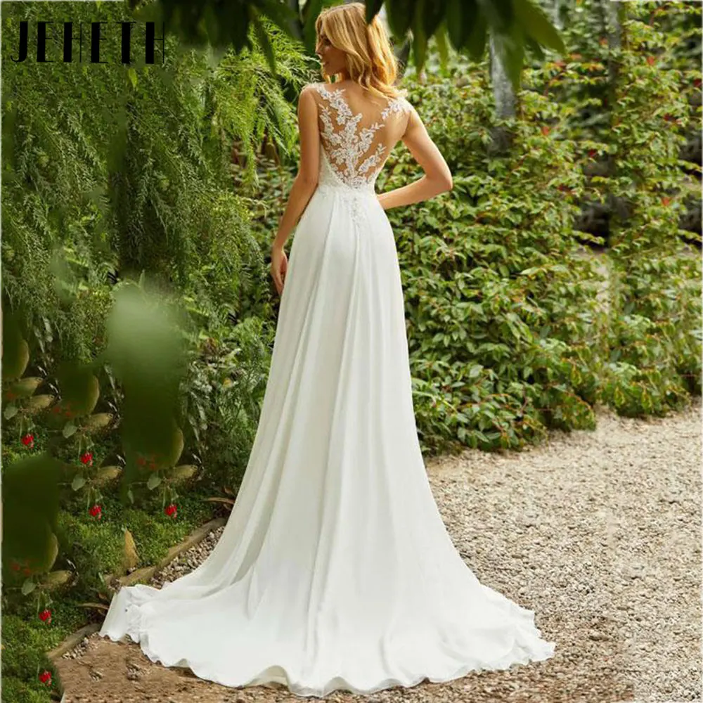 JEHETH Beach Lace Chiffon Trouwjurk Charmante O-hals Appliques Bruidsjurken A-lijn rugloze mouwloze mantel De Mariee 2024JEHETH Strand Kant Chiffon Bruidsjurk Charmant O-hals Appliques Bruidsjurken A-Lijn Backless Mouw