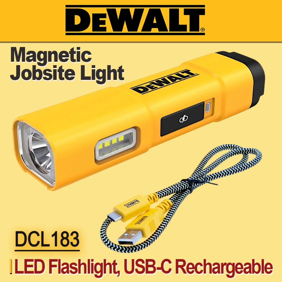 DEWALT DCL183 LED Flashlight with Belt Clip USB-C Rechargeable, Magnetic Jobsite Light Rechargeable Outdoor Light