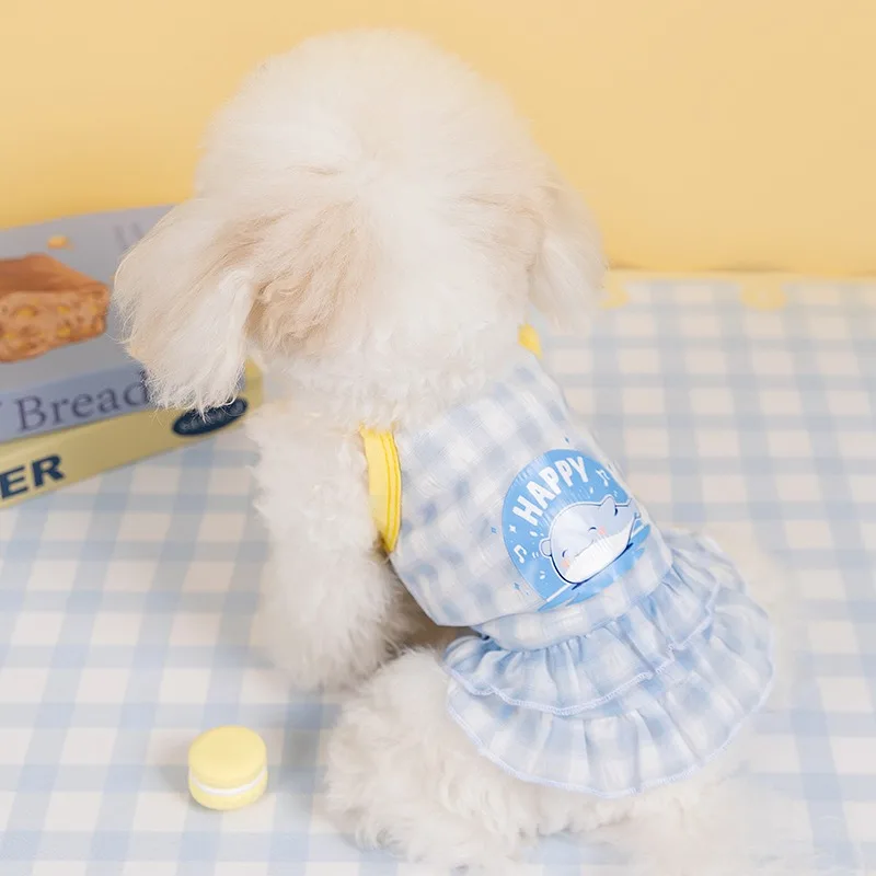 Gaun Gambar Beruang Lucu Pakaian Anak Anjing Musim Semi Gaun Putri Teddy Jaring Bersirkulasi Rok Halter Kartun Kotak-kotak Macaroon Hewan Peliharaan