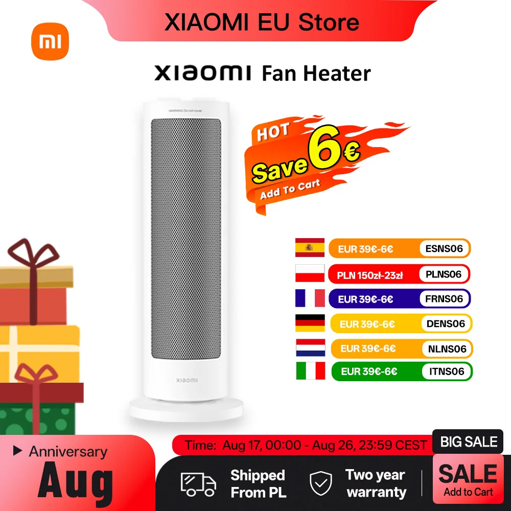Grzejnik wentylatorowy XIAOMI, kompaktowy, stojący, szybko nagrzewający, oscylacyjny, elektryczny grzejnik z termostatem.