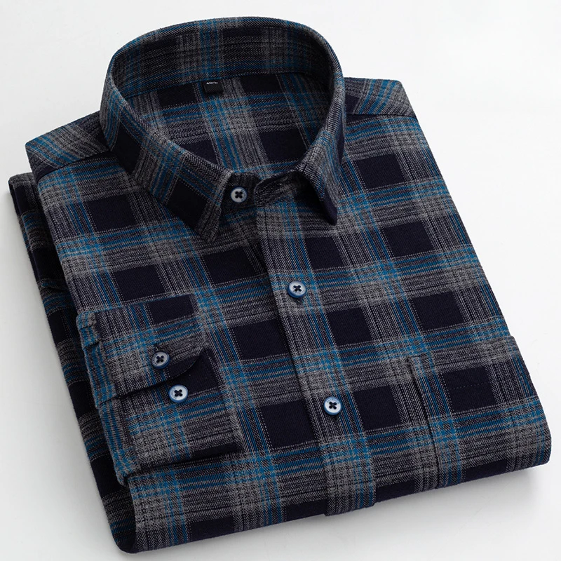 New in shirt 100%cotton sanding long-sleeve shirts for men slim fit casual plain shirt elegant single pocket houndstooth clothes