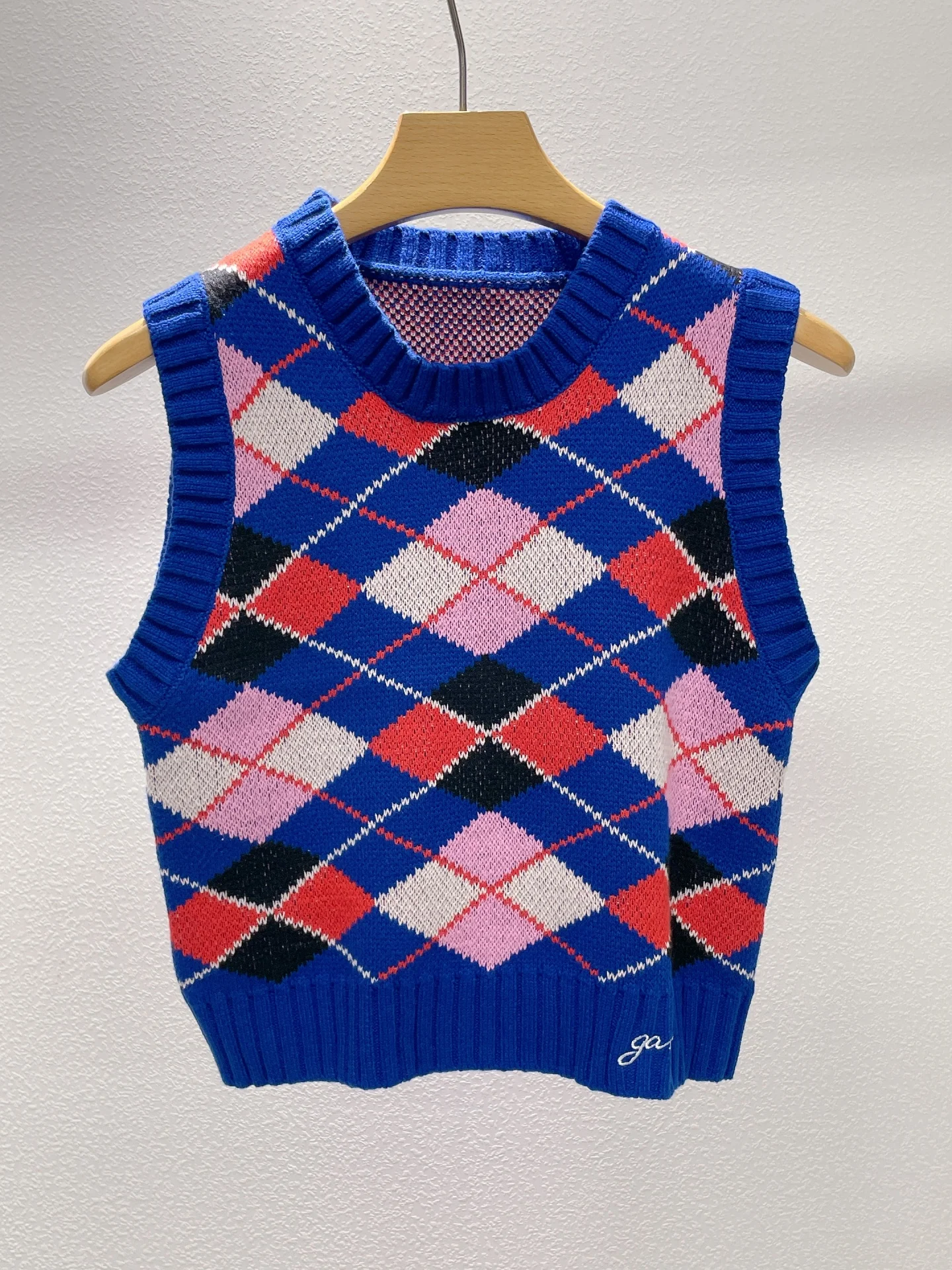 

Stitching Blue Diamond id Letter Embroidery Knitted Vest College Sle Anti-Aging Layering Women's ort round Ne Top