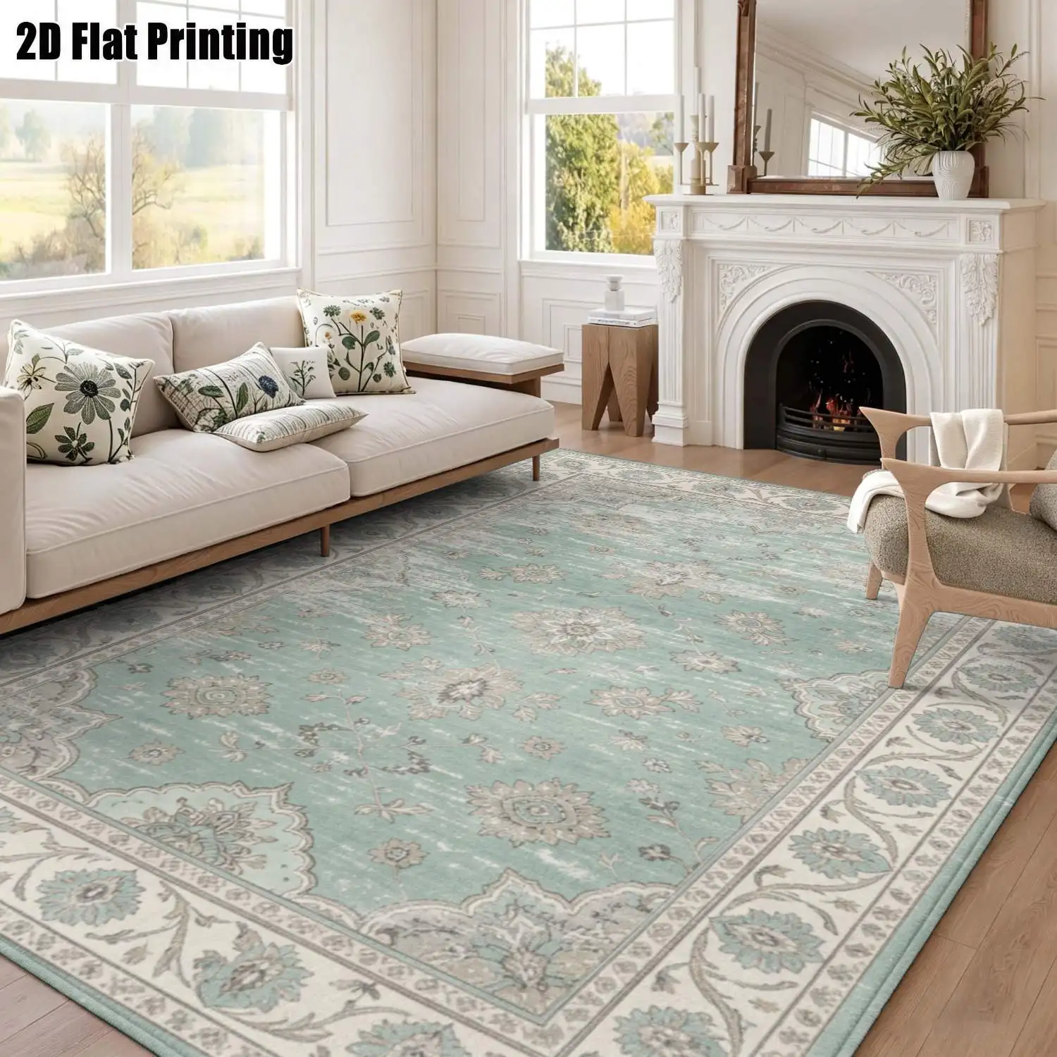 1Pc 2D Printed Carpet: Fresh Blue-Green Retro Floral Pattern European/Retro/Minimalist/Instagram Style, Home Decor, Multi-Size, Machine Washable, for Living Room, Bedroom, Dining Room, Entrance, Study.
