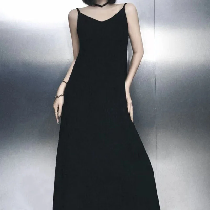 Casual Summer Beach Sundress Women All-Match Loose Pleated Suspender Dress Female Korean Simple Streetwear A-Line Long Dresses