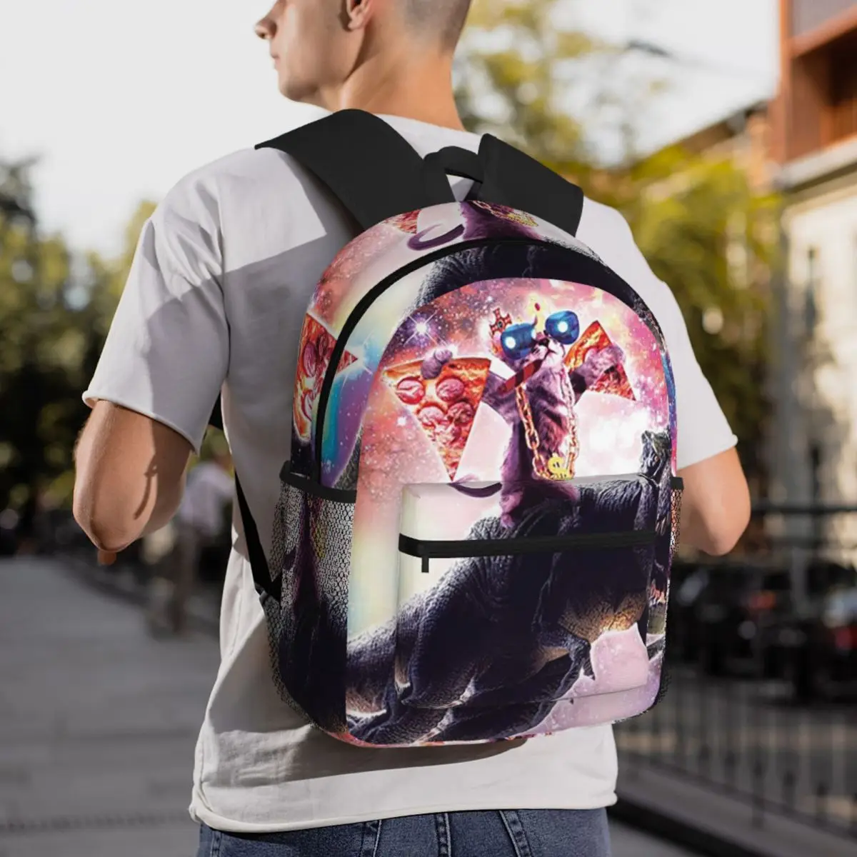 Thug Space Cat On Dinosaur Unicorn Pizza Backpack Student BookBag Children School Bag Laptop Shoulder Bags for Boys Girls