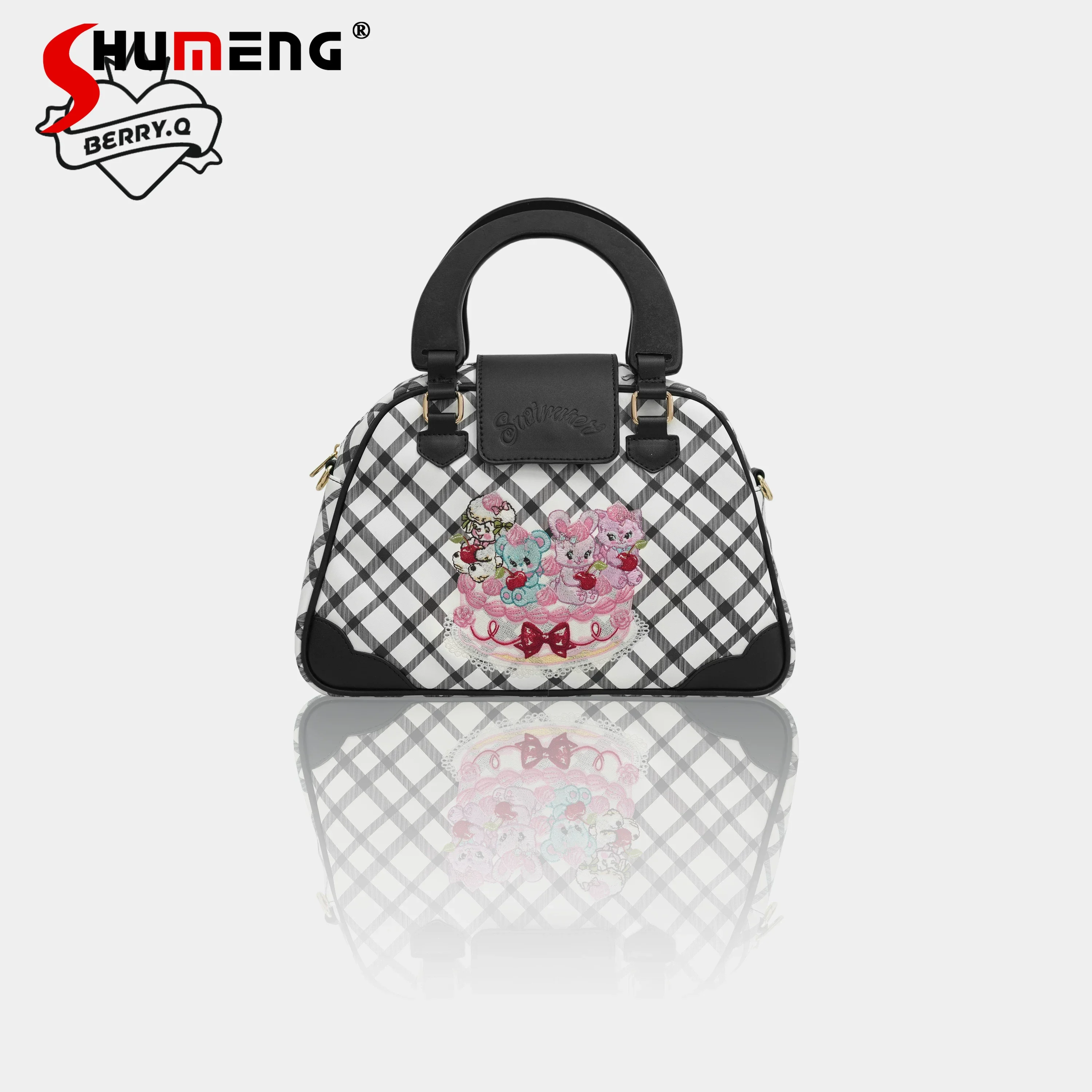 

New 2026 Kawaii Cartoon Embroidered Handbag Original Design Plaid Print Wooden Handle Crossbody Bag Girl Women's Tote Bags