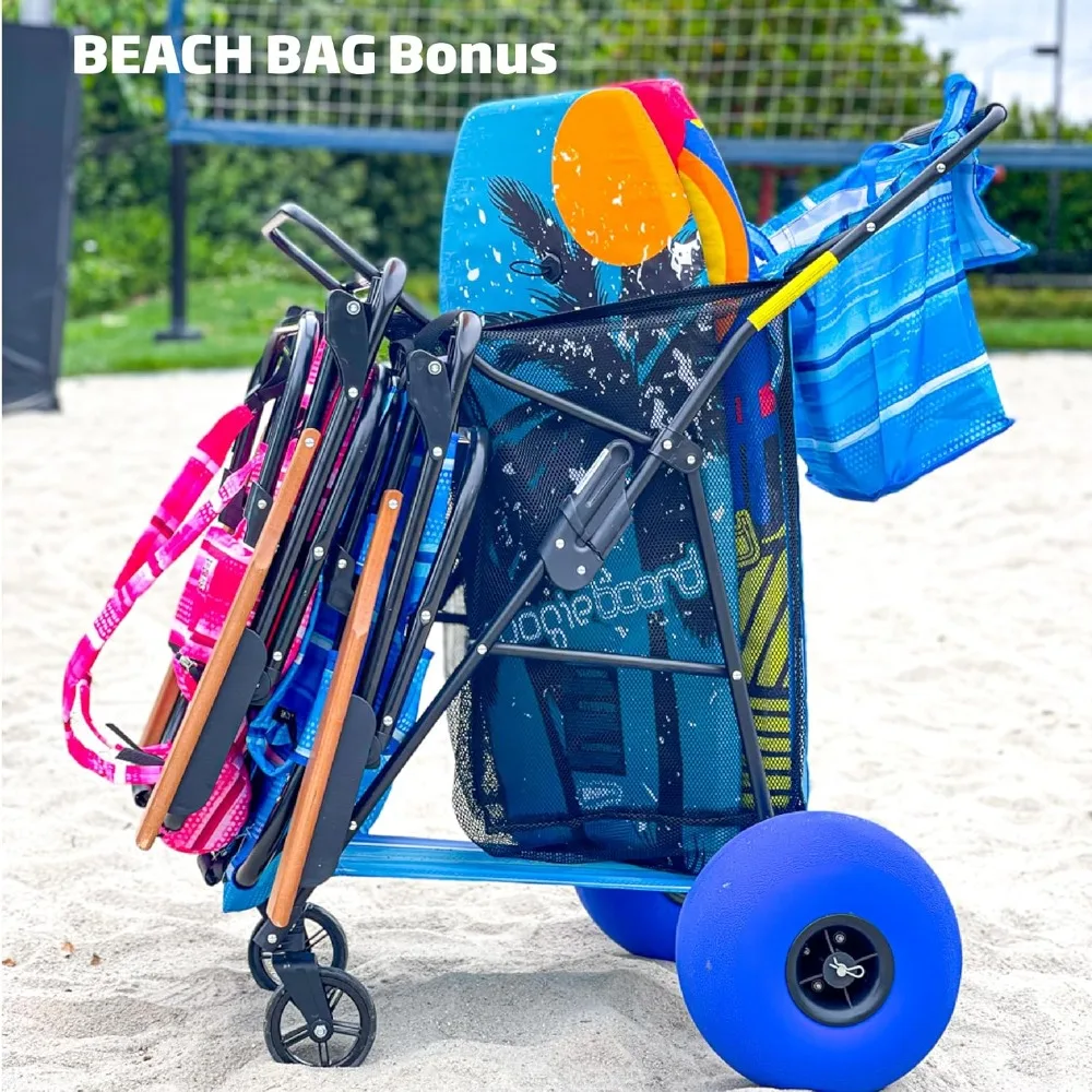 

Beach Cart Balloon Wheel Deluxe Heavy Duty Folding Ocean Utility 13” x 7” Sand Wheels Holds 4 Folding Chairs Umbrella Holder Rem