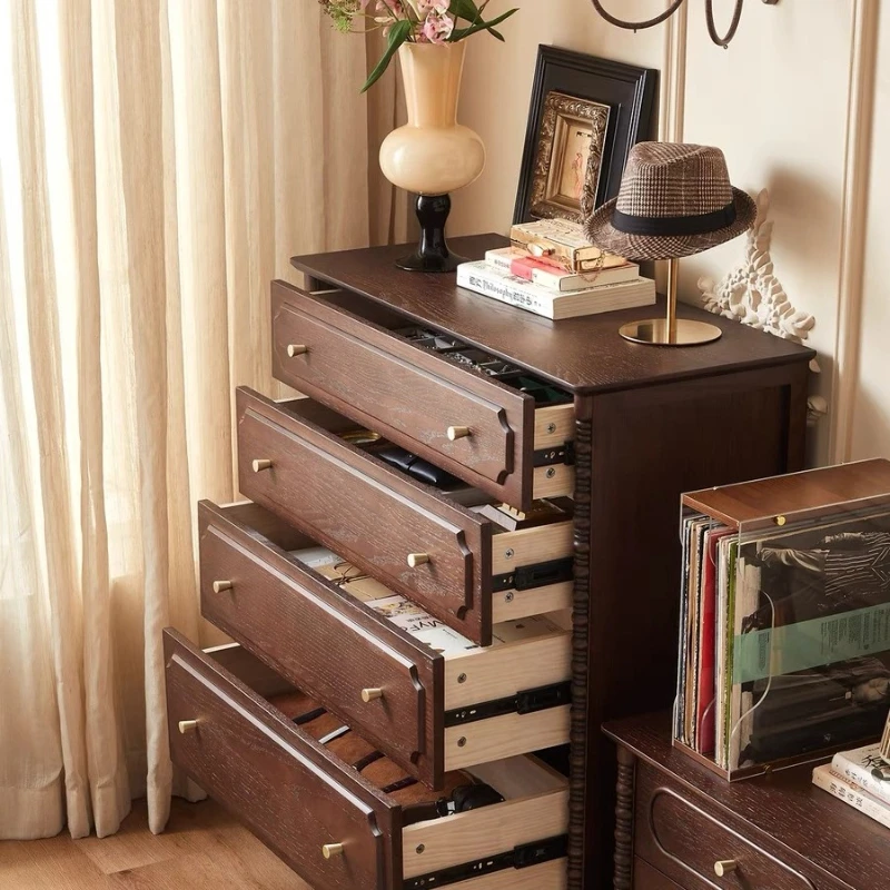 

French retro solid wood chest, antique living room side cabinet, American medium and small apartment, bedroom drawer
