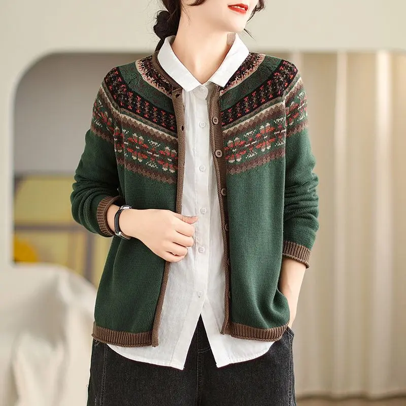 Women Vintage Ethnic Style Jacquard Single Breasted Knitted Cardigan Autumn Female Casual O Neck Long Sleeve Loose Sweater Coat