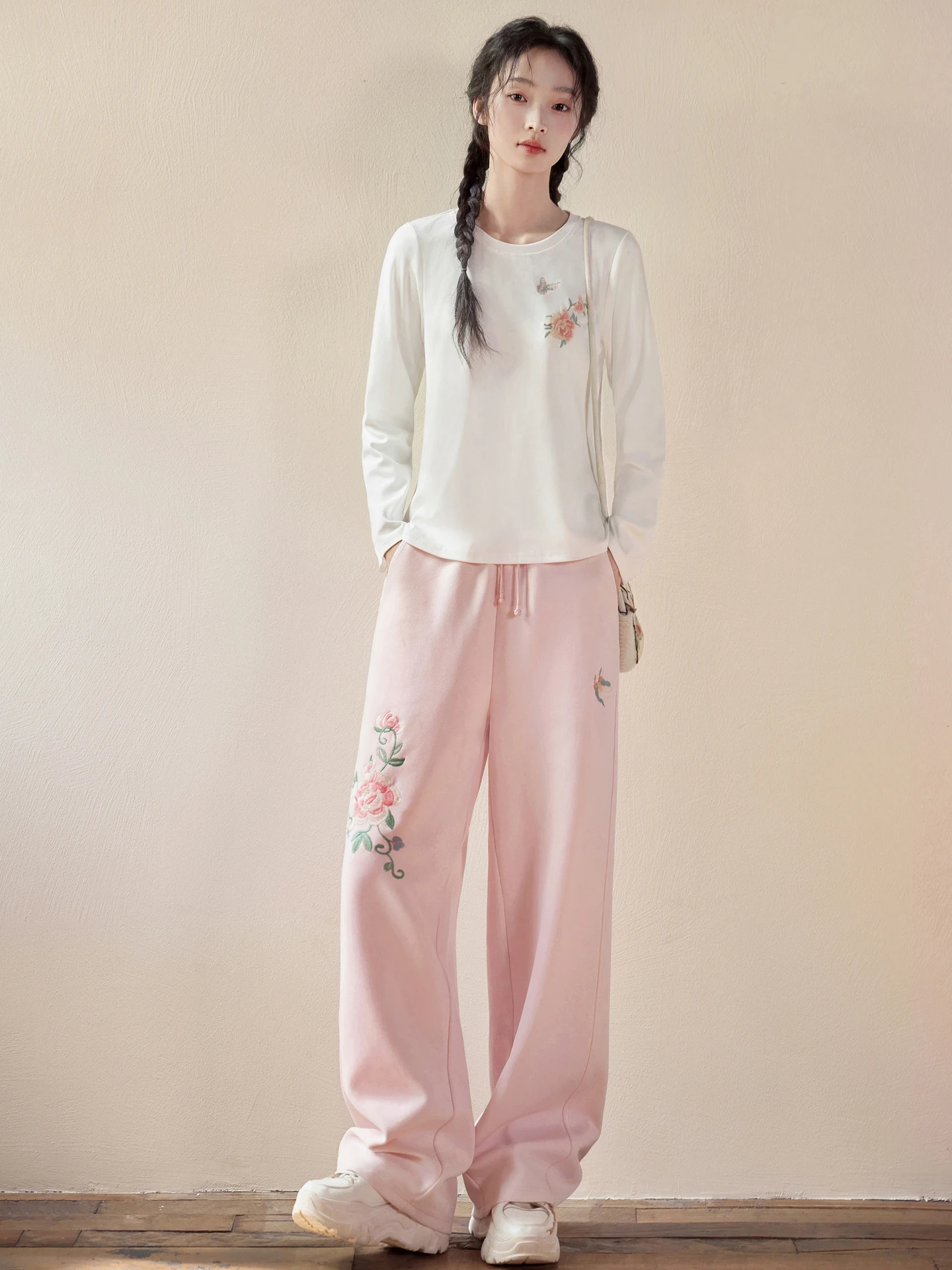 

Original National Sle Embroidered Casual Pants Women's Loose Drapey Straight Knitted Long Pants Spring Cotton Blend Elastic...