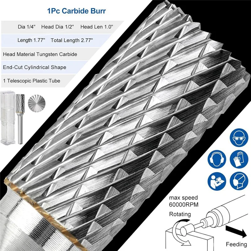 

ABJO-1/4" Shank End-Cut Cylinder Carbide Burr Set 2Pcs 1/4 Inch Head Dia 1/2 Inch Die Grinder Bits Rotary Tools Kit Attachment