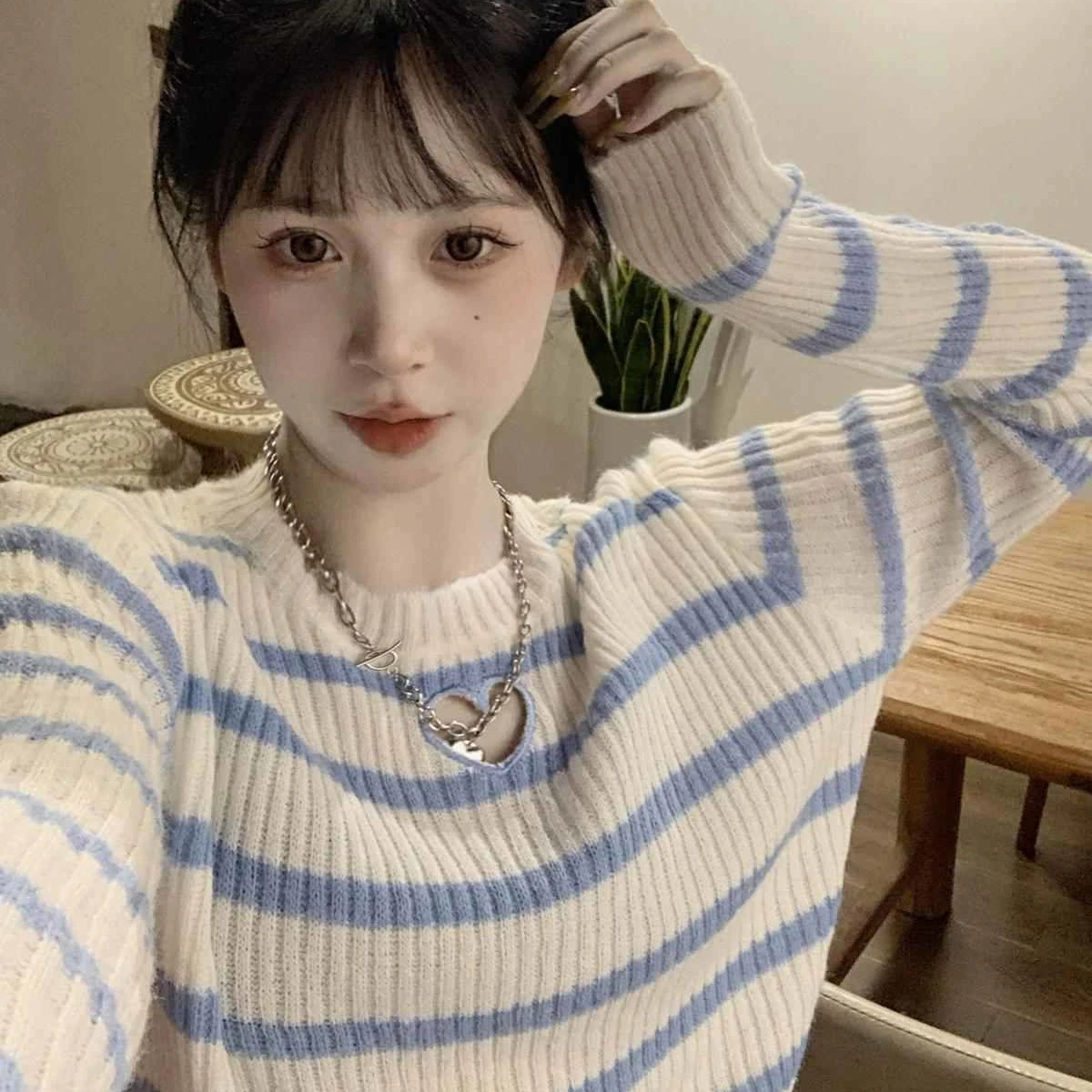 Pullovers Women Blue Striped Simple Schoolgirl Sweet Style Knitting Casual Soft Sweaters Mujer Korean All-match Lady Aesthetic