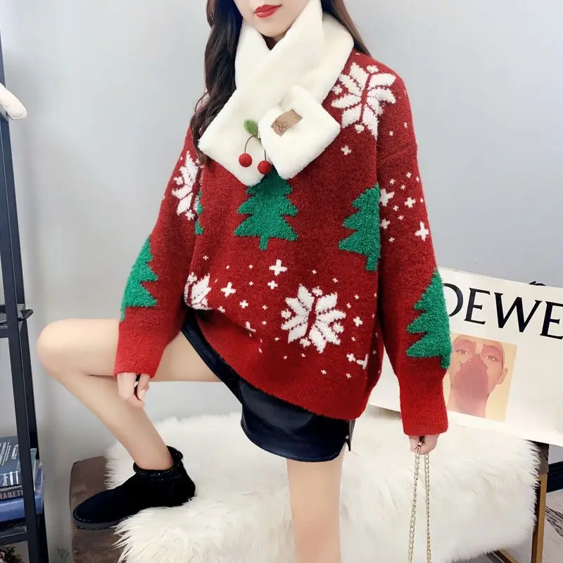 Женская осень-зима 2025 года, новый стиль, свободная верхняя одежда, универсальный пуловер на Рождество, Новый год, вязаный топ